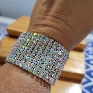 Sparkly Silver Tone Crystal AB Rhinestone Stretch Bracelet 9 Rows